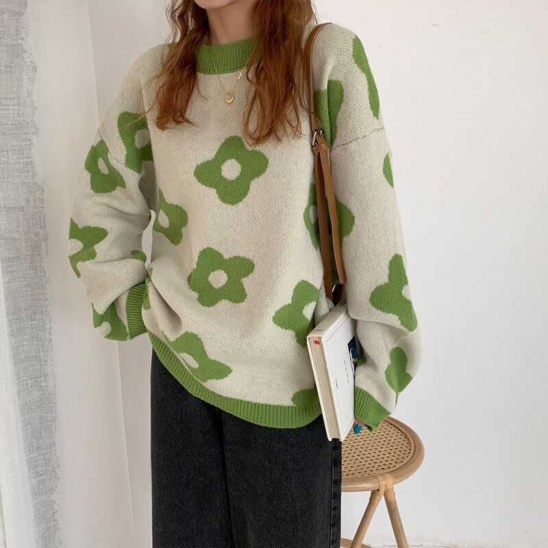 Autumn Winter Knitted Sweater Flower Pullover Vintage Loose Sweater Female Long Sleeve Oversized Sweaters Clothes