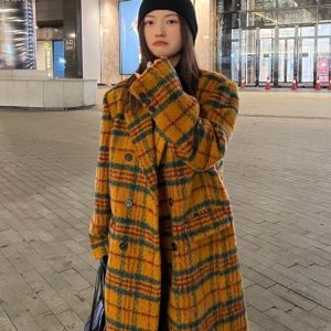 Autumn Winter Long Loose Retro Colorful Plaid Woolen Trench Coat For Women Double Breasted Luxury Designer Clothes