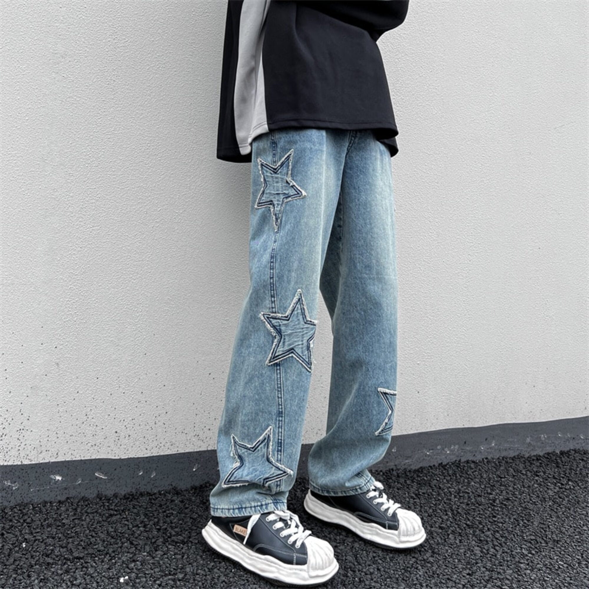 Autumn Winter Star Patch Embroidery Jeans New Fashion Streetwear Loose Straight Leg Denim Pants For Men And Women Couples