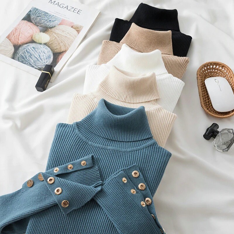 Autumn Winter Women Thick Sweater Pullovers Long Sleeve Button Turtleneck Chic Sweater Female Slim Fashion Sweater