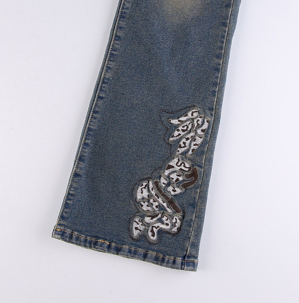 Autumn Women's Clothing Embroidered Pattern Jeans Retro Ribbon Diamond Jeans Slim Jeans