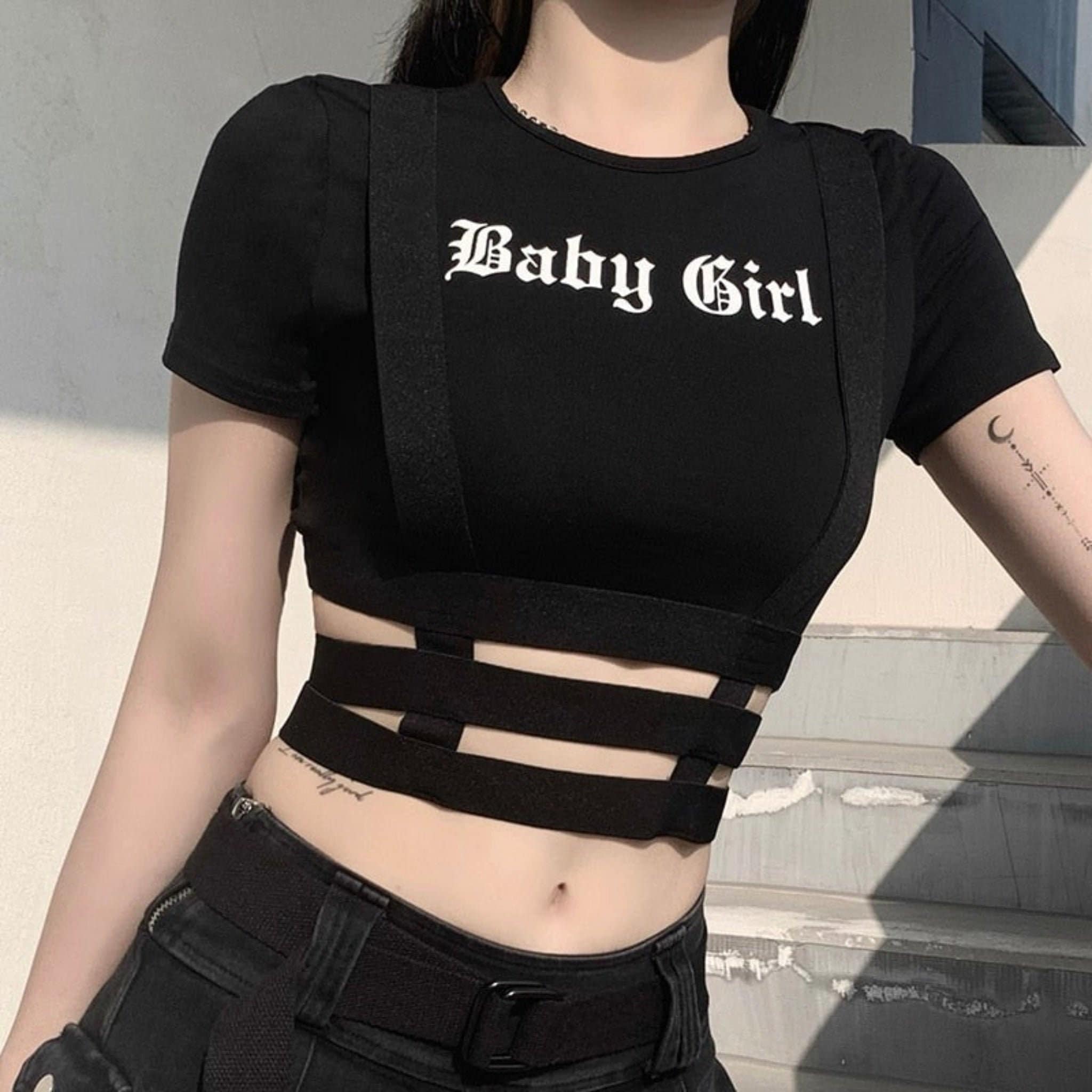 Baby Girl Gothic Crop Top In Black