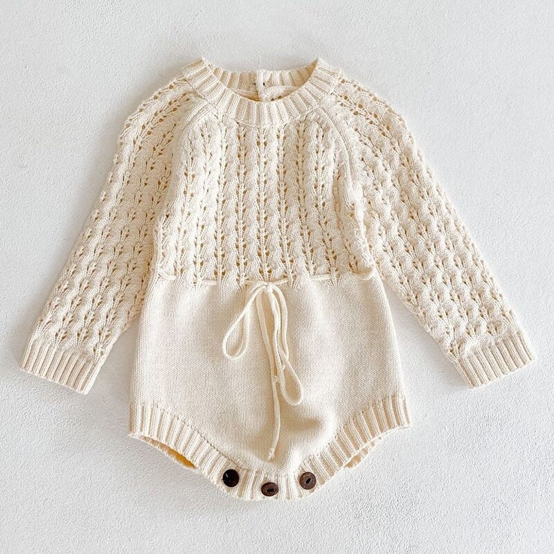 Baby Girl Knitted Sweater Romper White Ivory Light Plum Long Sleeve Warm Fall Winter Cotton Kids Dressy Romper