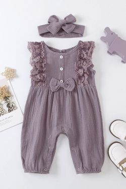 Baby Girl Muslin Lace Jumpsuit Summer Romper Toddler Sleeveless Headband Set Sleeveless Round Collar