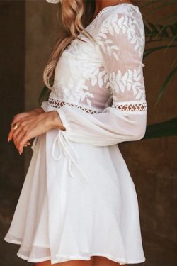 Backless White Bohemian Lace Summer Dress Long Sleeve White Boho Women Dress Backless Sleeve Hollow Out Solid Dress Casual White Lace Dress