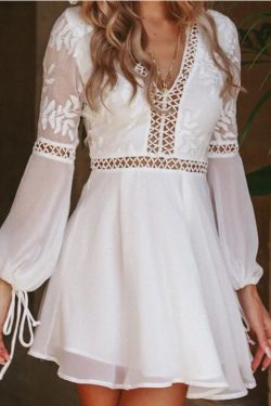 Backless White Bohemian Lace Summer Dress Long Sleeve White Boho Women Dress Backless Sleeve Hollow Out Solid Dress Casual White Lace Dress