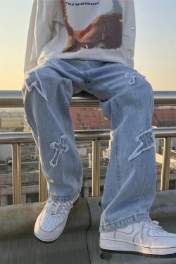 Baggy Jeans With Embroided Crosses And Lightning Bolts