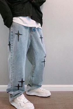 Baggy Retro Style Jeans With Embroiderd Crosses