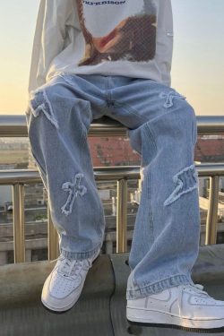Baggy Retro Y2k Streetwear Chrome Heart London Streetwear Jeans Stitched Embroidered Crosses Lighting Bolts