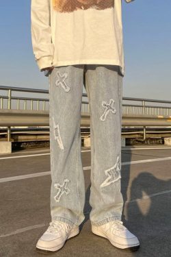 Baggy Retro Y2k Streetwear Chrome Heart London Streetwear Jeans Stitched Embroidered Crosses Lighting Bolts