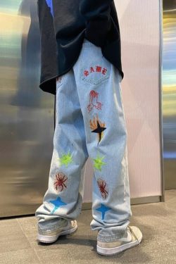 Baggy Streetwear Jeans With Cool Patchwork Graffiti