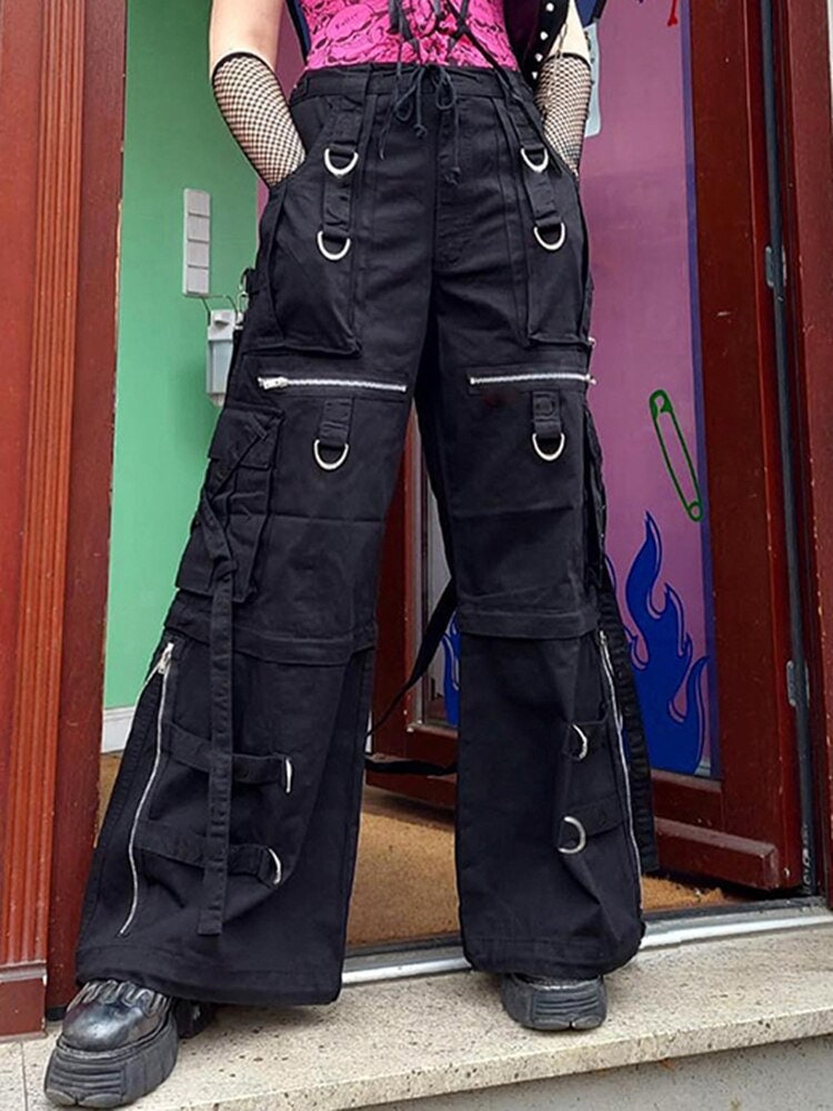 Baggy Techwear Goth Pants Y2k Alt Clothing & Black Cotton Elastic Denim Pants