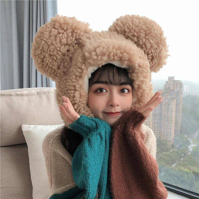 Bear Ear Beanie Faux Fur Hat Bear Hat Cute Fleece Plush Hat Soft Winter Hat Teddy Bear