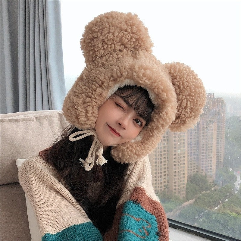 Bear Ear Beanie Faux Fur Hat Bear Hat Cute Fleece Plush Hat Soft Winter Hat Teddy Bear