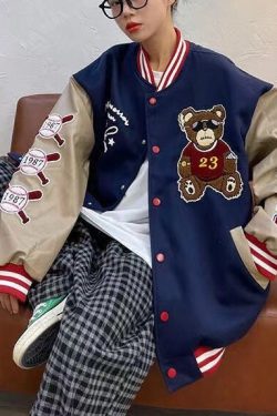 Bear Embroidered Baseball Jacket Blue Brown Bomber Jacket Y2k Clothing Streetwear Harajuku
