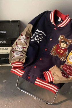 Bear Embroidered Baseball Jacket Blue Brown Bomber Jacket Y2k Clothing Streetwear Harajuku