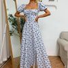 Beautiful Floral Printed Dress For Ladies Puff Sleeve Tie Front Decoration With High Slit Dress For Sexy Looking Sundress Robe Femme Gift