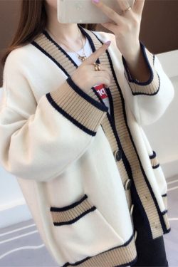 Beige Cardigan Minimalistic Knitted Cardigan Long Sleeve Cardigan Harajuku Cardigan Casual Striped Cardigan Korean Style Sweater