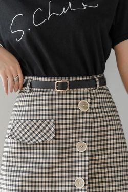 Belted Cute Plaid Check Button Pocket High Waisted A Line Skirt Perfect Gifts And Presents Brown Beige Khaki Tan Gold Black And White