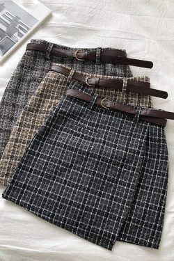 Belted French Parisian Style Plaid Tweed Mini Skirt Perfect Gifts And Presents Khaki Brown Grey Gray Black And White (Comes With Belt!)