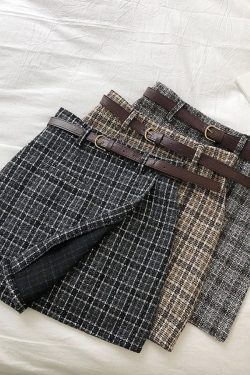 Belted French Parisian Style Plaid Tweed Mini Skirt Perfect Gifts And Presents Khaki Brown Grey Gray Black And White (Comes With Belt!)