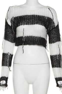 Black & White Striped Gothic Sweater Punk Oversize Cropped Sweater Mall Goth Emo Clothing Grunge Wear