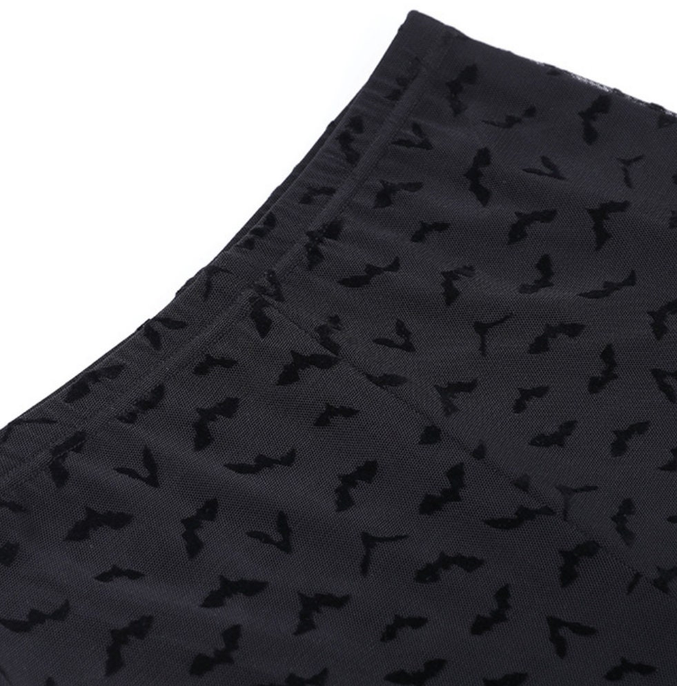 Black Bat Print Flared Slacks See Through Pants