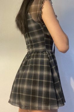 Black Blue Check Puffed Sleeves Dark Gothic Plaid Black Lace Women Mini Dresses Harajuku E Girl Short Sleeve A Line Party Indie Style