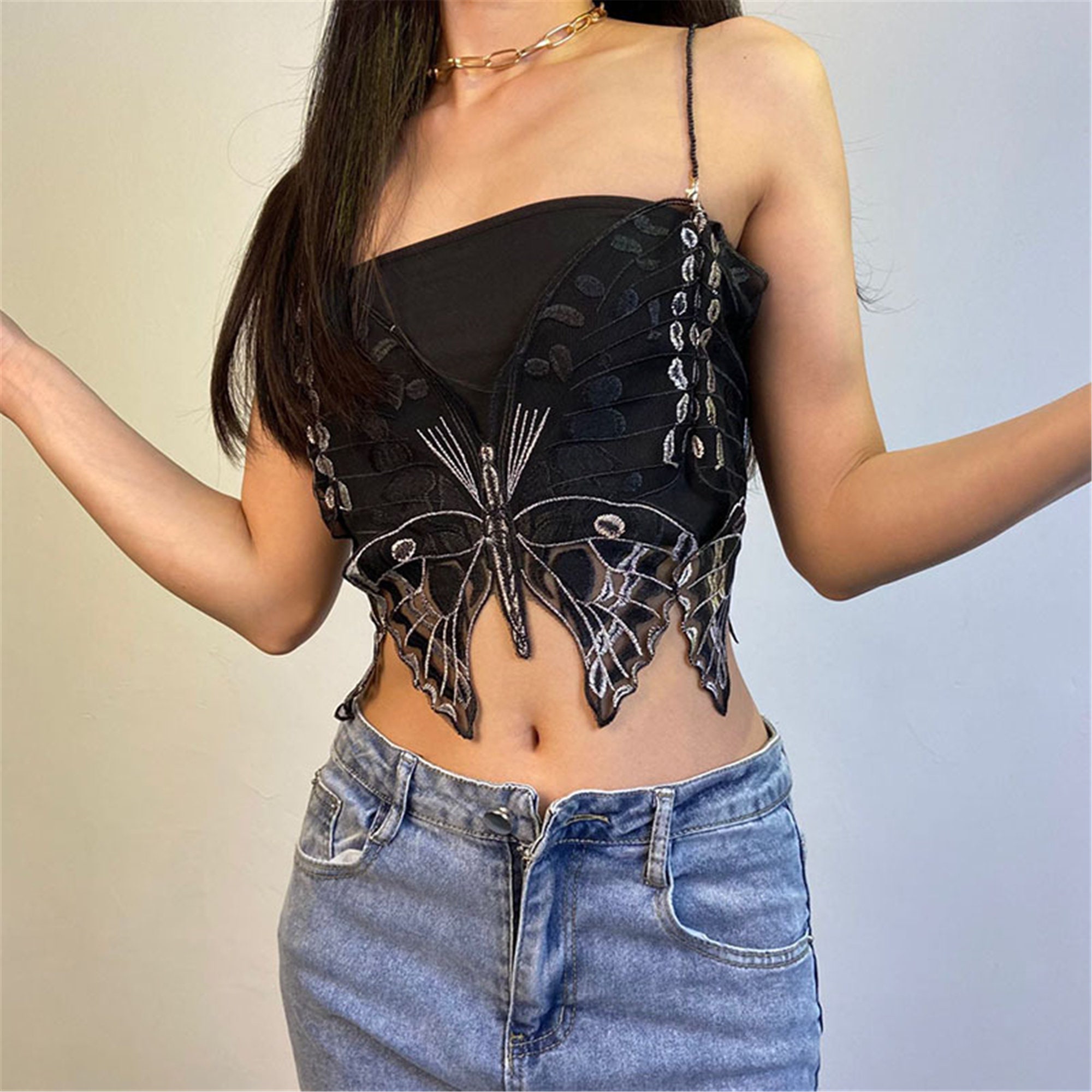 Black Butterfly Camisole Sexy Backless Lace Up Tank Top Y2k Cropped Cami Bustier Tank Top Mesh Tube Top Crop Top Clothing Gifts
