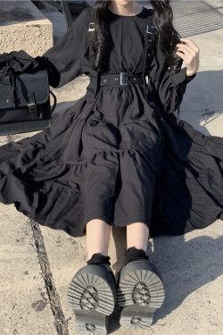 Black Dark Lolita Dress Long Sleeved Waist Belt & Belt Suspenders Goth Emo Harajuku