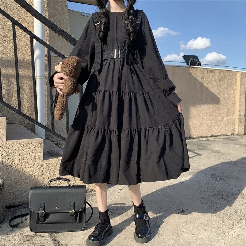 Black Dark Lolita Dress Long Sleeved Waist Belt & Belt Suspenders Goth Emo Harajuku