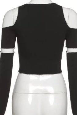 Black E Girl Style Patchwork T Shirts Open Shoulder Crop Top