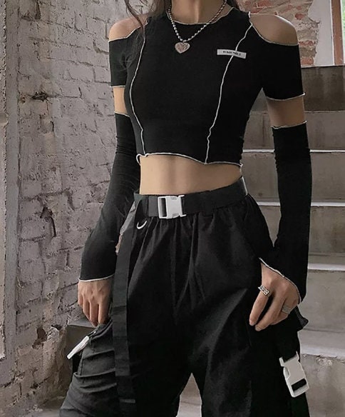 Black E Girl Style Patchwork T Shirts Open Shoulder Crop Top
