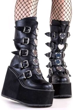 Black Gothic Zip Up High Heel Punk Chunky Platform Mid Calf Boots Shoes