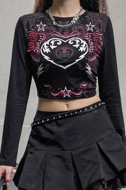 Black Heart Print Long Sleeve Crop Top Graphic T Shirt Y2k Top Korean Fashion E Girl Mall Goth Punk Clothes Harajuku Grunge