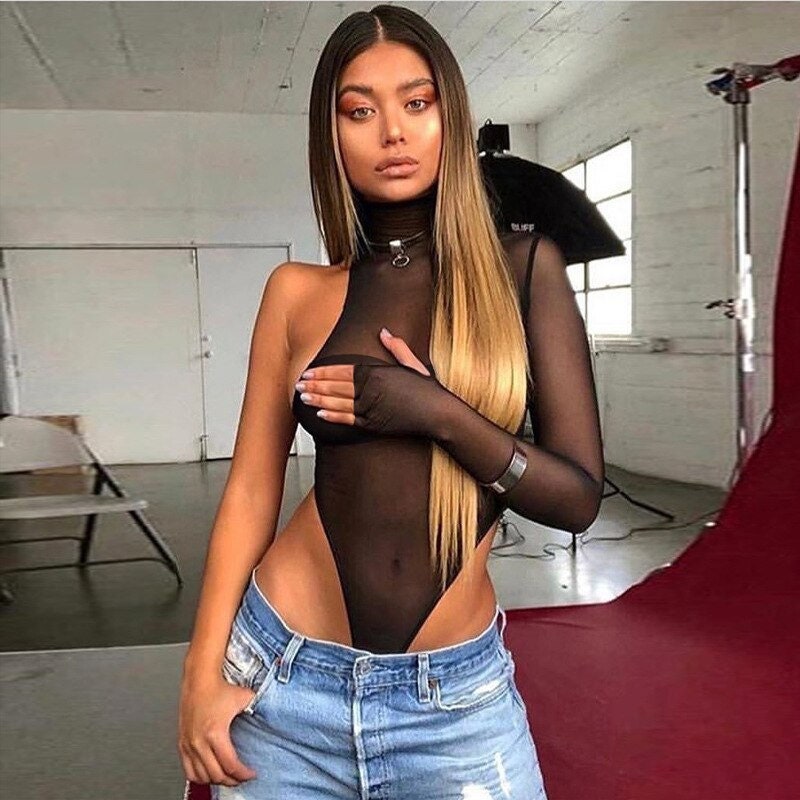 Black High Leg Turtleneck Mesh Bodysuit Sexy Mesh Sheer One Long Sleeve Shoulder See Through And One Sleeveless See Through Party Outfit