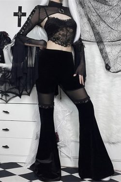 Black High Waist Sheer Lace Mesh Shorts Dark Academia Clothing Y2k Clothing Dark Gothic Lace Slacks Harajuku Hollow Mesh Flare Gothic Pants