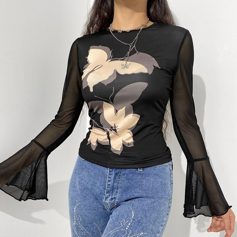 Black Mesh Flare Sleeve Crop Top T Shirt Butterfly Print Elegant Basic Tee Shirt Women Patchwork T Shirts Ladies