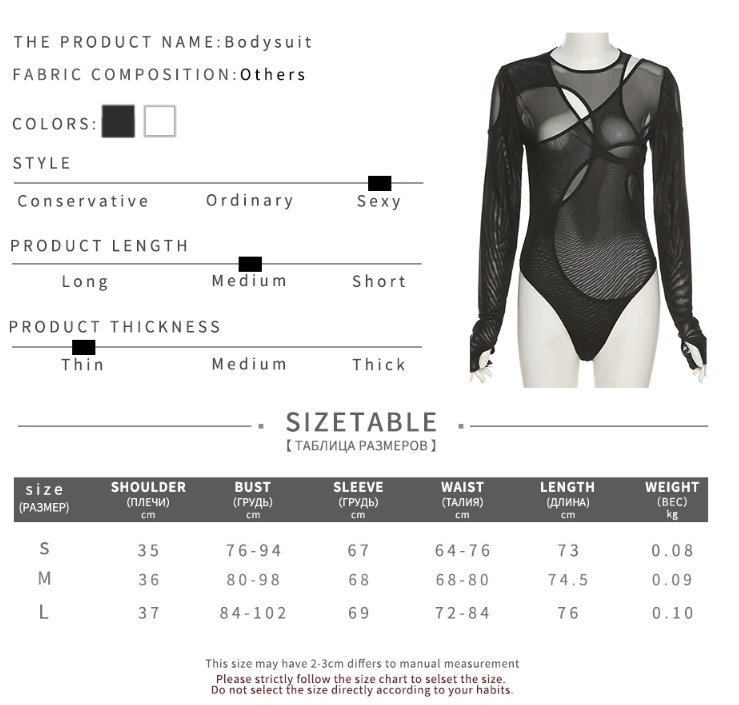 Black Mesh Women Bodysuit With Long Sleeve Stretchy Multi Layer Jumpsuit