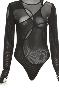 Black Mesh Women Bodysuit With Long Sleeve Stretchy Multi Layer Jumpsuit
