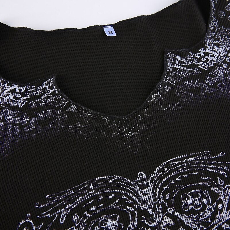 Black Retro Grunge Print Long Sleeve V Neck Aesthetic Gothic Top