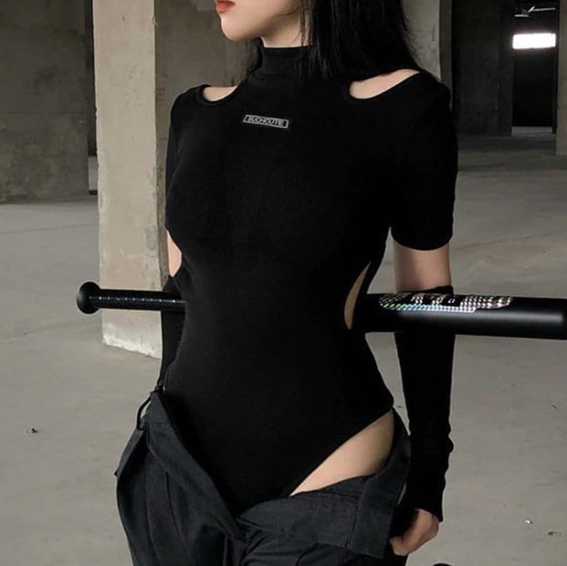 Black Techwear Bodycon Bodysuits Gothic Y2k Women Jumpsuit Cut Out Bodysuit