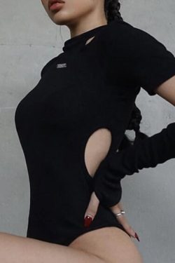 Black Techwear Bodycon Bodysuits Gothic Y2k Women Jumpsuit Cut Out Bodysuit