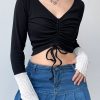 Black V Neck Long Sleeve Patchwork Aesthetic Crop Top Y2k Clothing