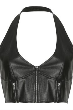 Black V Neck Sleeveless Crop Halter Sexy Leather Stitching Zipper Tight Fitting Crop Top Y2k Backless Tank Top Off The Shoulder Sexy Top