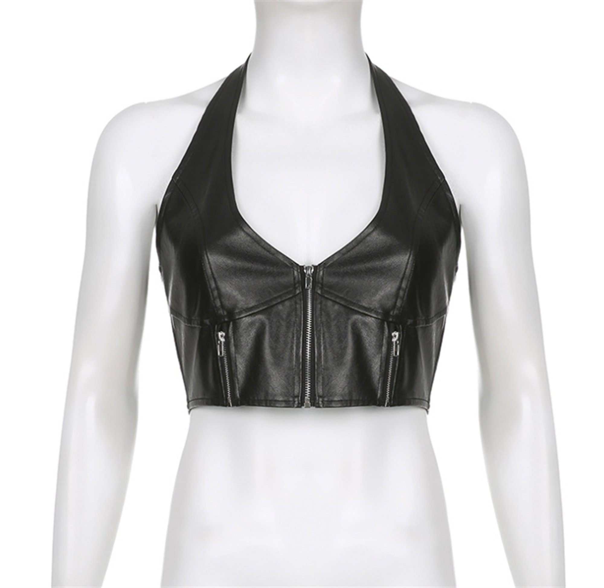 Black V Neck Sleeveless Crop Halter Sexy Leather Stitching Zipper Tight Fitting Crop Top Y2k Backless Tank Top Off The Shoulder Sexy Top