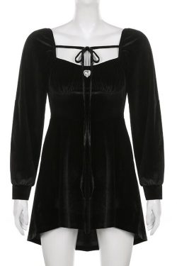 Black Velvet Long Sleeved Gothic Dress With Crystal Detailing