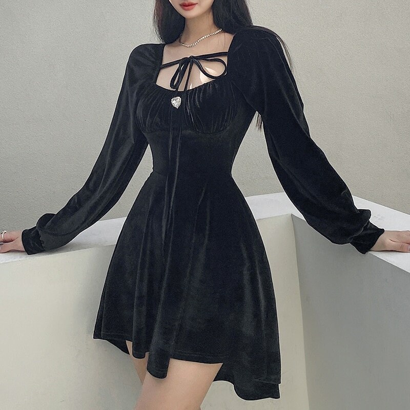 Black Velvet Long Sleeved Gothic Dress With Crystal Detailing