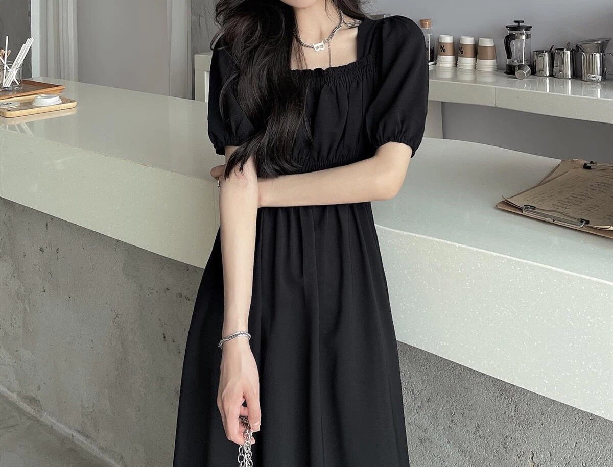 Black Vintage Midi Dress Elegant Women Dresses Square Collar Puff Sleeve Oversized Loose Casual Sundress