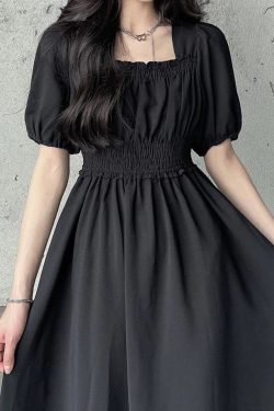 Black Vintage Midi Dress Elegant Women Dresses Square Collar Puff Sleeve Oversized Loose Casual Sundress